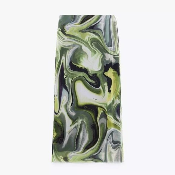 Zara | Printed Tulle Midi Skirt 5039/808/131 in Tie‎ Dye Green Small - Picture 1 of 9